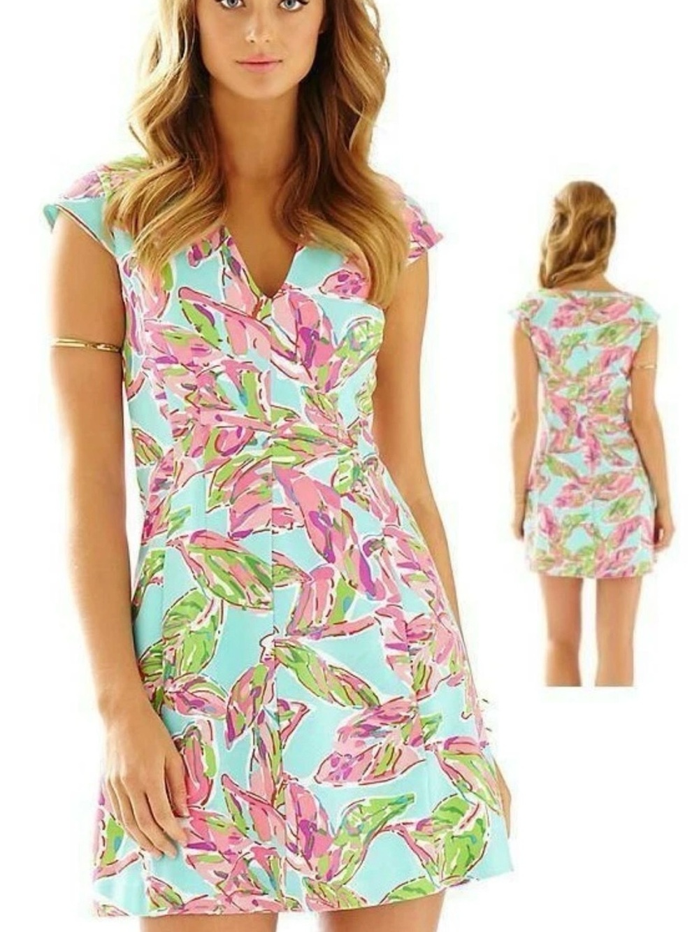 Lilly Pulitzer Aqua Shift Dress with Pink & Green Floral Print